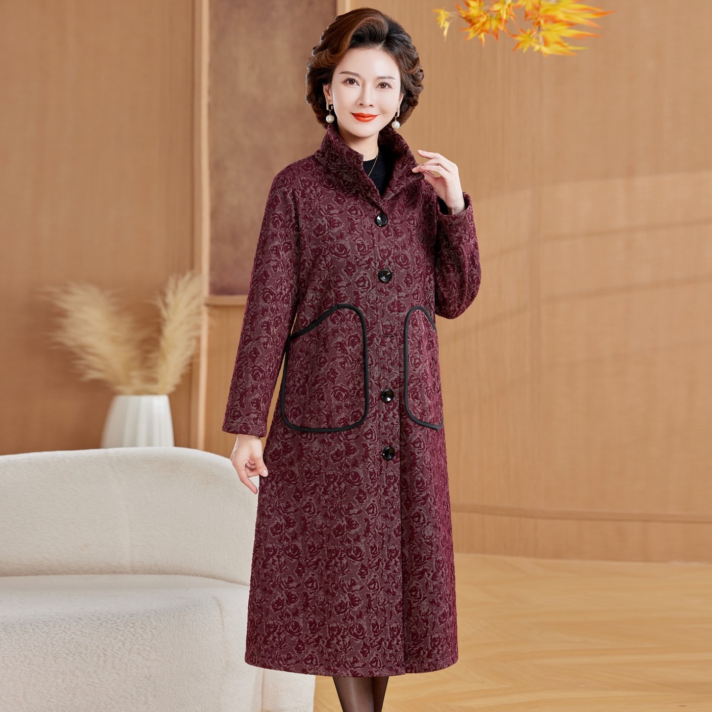 加绒加厚风衣外套中老年女装秋冬新款气质百搭过膝中长款保暖大衣