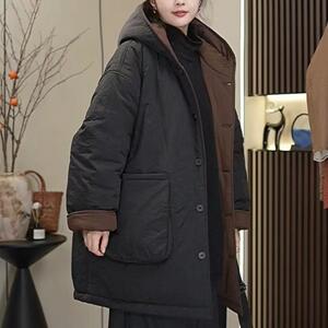 秋冬夹棉大码休闲连帽棉服双面穿E日常百搭宽松中长款棉衣女外套