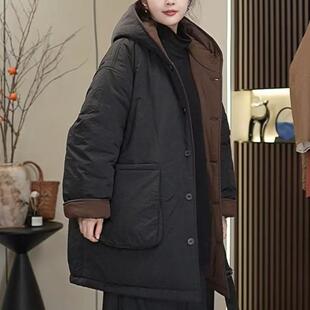 秋冬夹棉大码休闲连帽棉服双面穿E日常百搭宽松中长款棉衣女外套