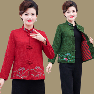 秋冬新款民族风棉麻大码绣花外套中年妈妈装复古盘扣唐装立领上衣