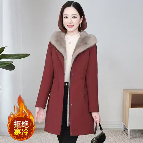 冬季加绒加厚女连帽中长款派克服