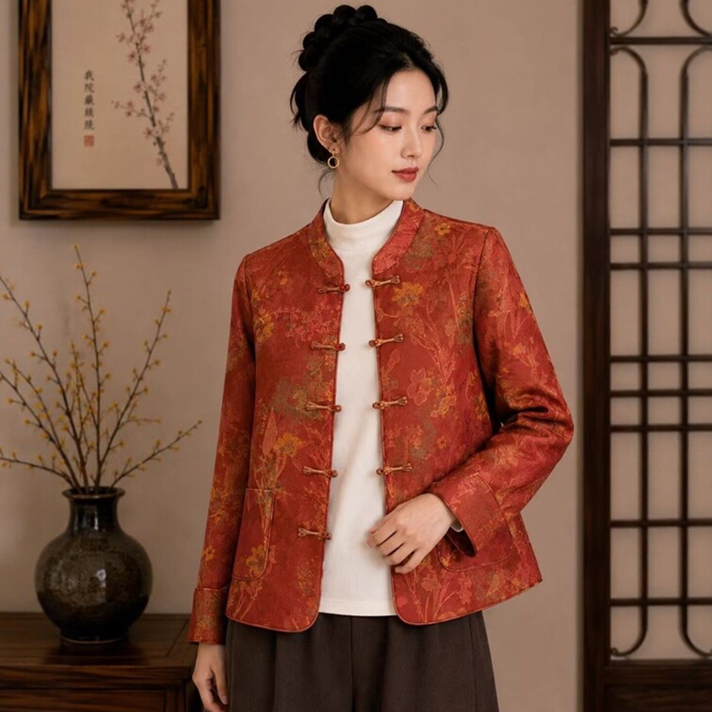春秋新中式立领盘扣提花妈妈外套