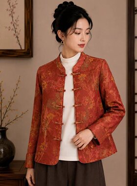 春秋新中式立领盘扣提花妈妈外套