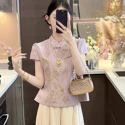 新中式国风气质刺绣短袖衬衫