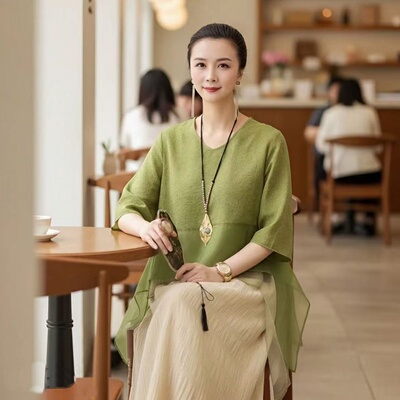 春夏丝麻五分袖宽松显瘦衬衫上衣