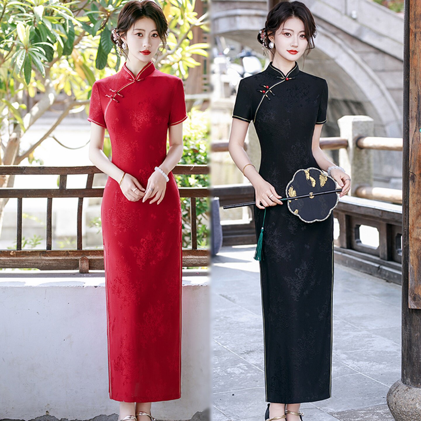 复古中国风改良长款旗袍短袖修身显瘦气质优雅婚宴礼服日常连衣裙