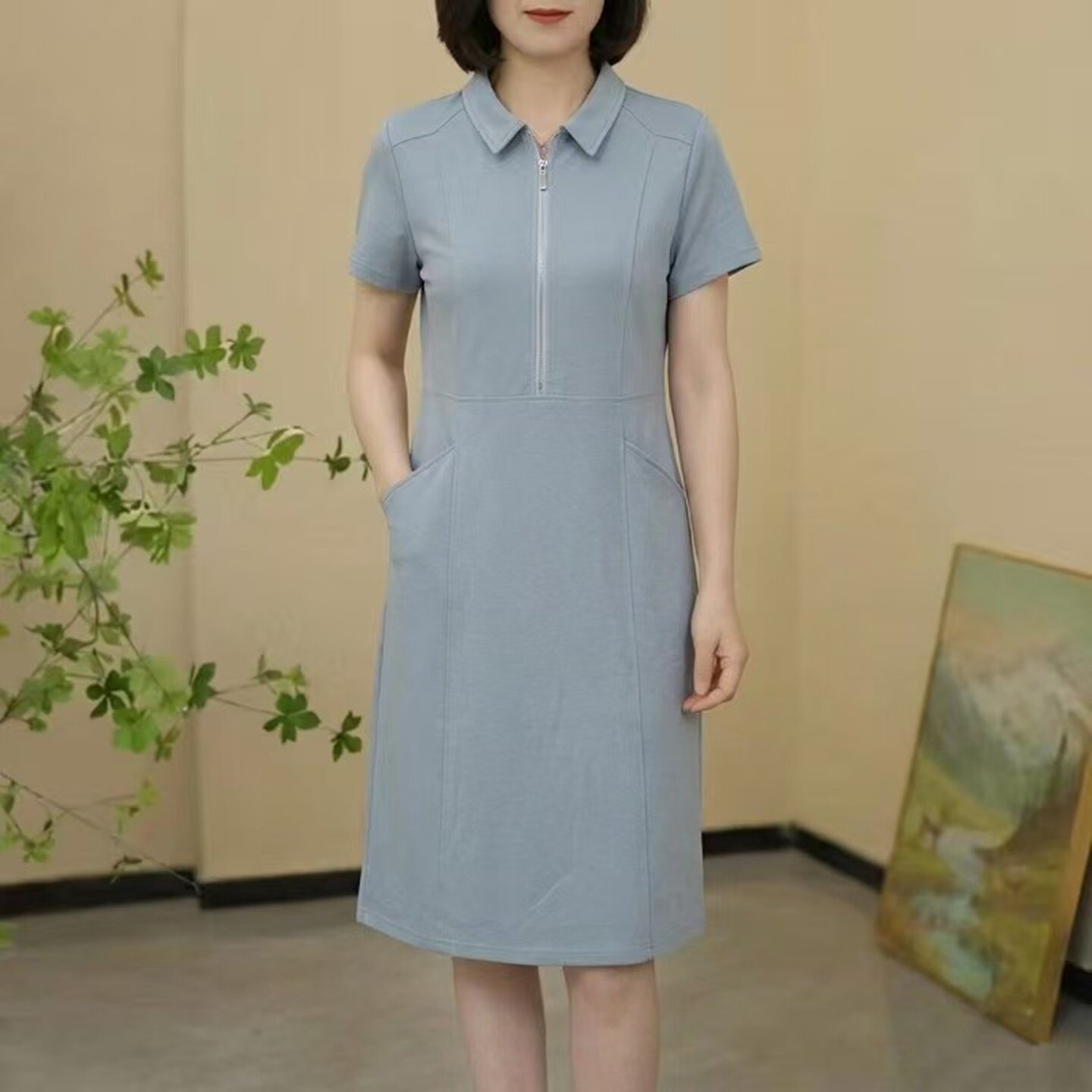 夏季简约翻领拉链修身短袖连衣裙