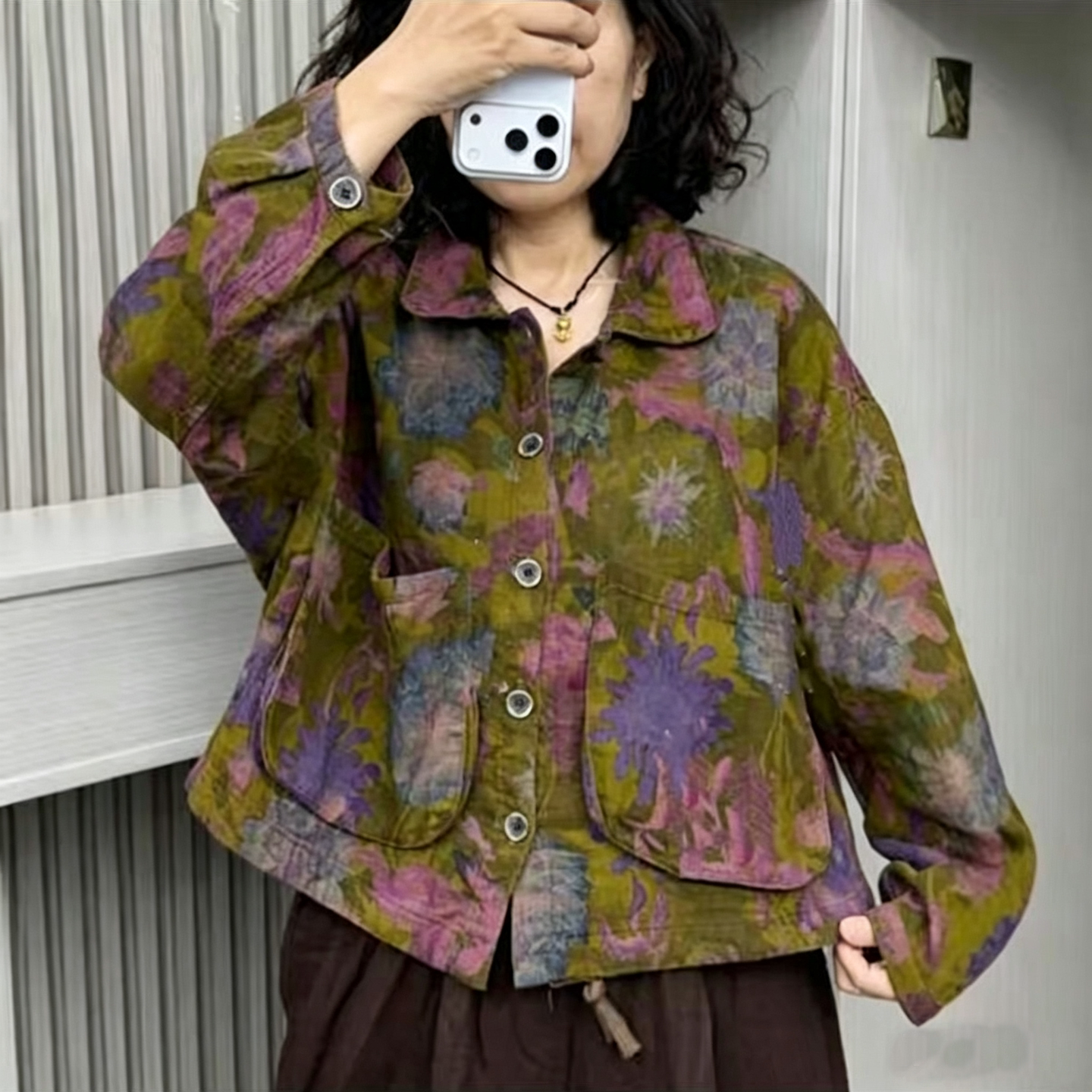 复古花卉宽松大码秋季开衫外套女