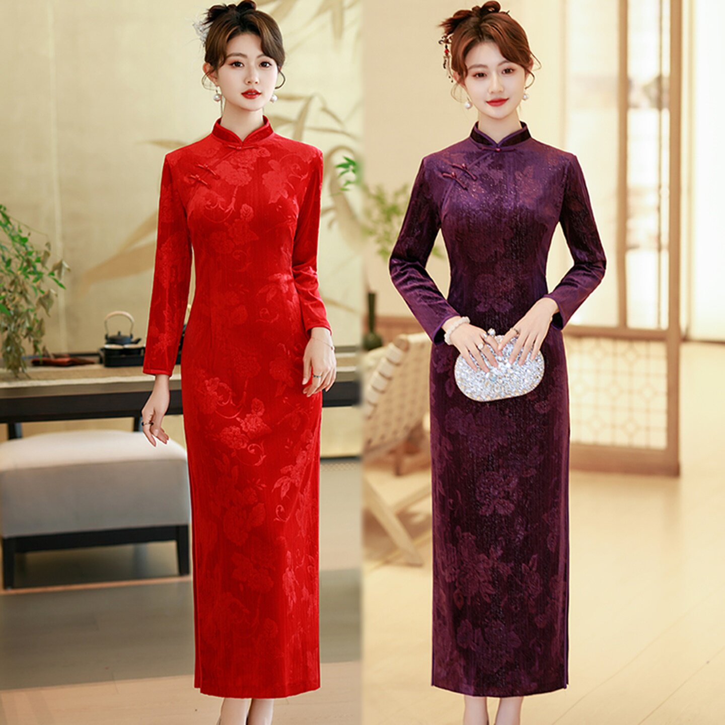 春秋新款中国风改良版旗袍女复古风婚礼修身显瘦长款气质款连衣裙