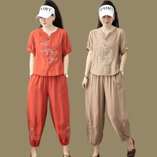 中国风盘扣刺绣休闲套装女夏季新款宽松短袖上衣九分哈伦裤两件套