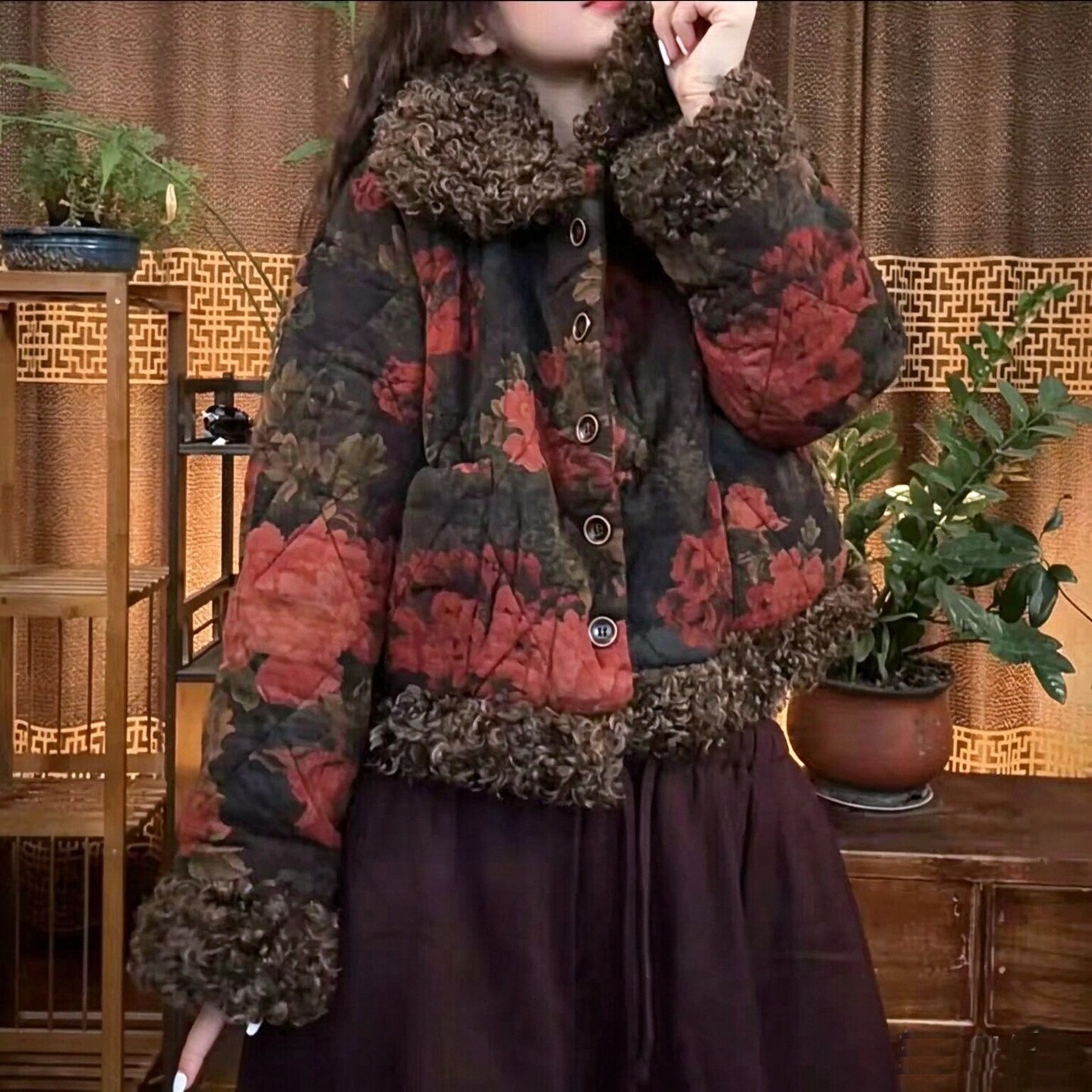 复古轻奢圈圈毛领加厚短款棉衣女