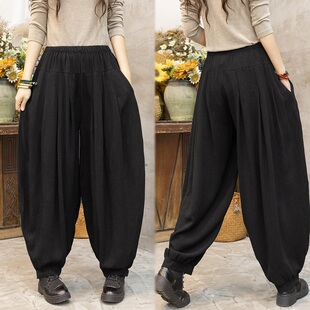 宽松高腰民族风哈伦裤 萝卜老爹裤 春秋新款 复古棉麻坠感阔腿灯笼裤