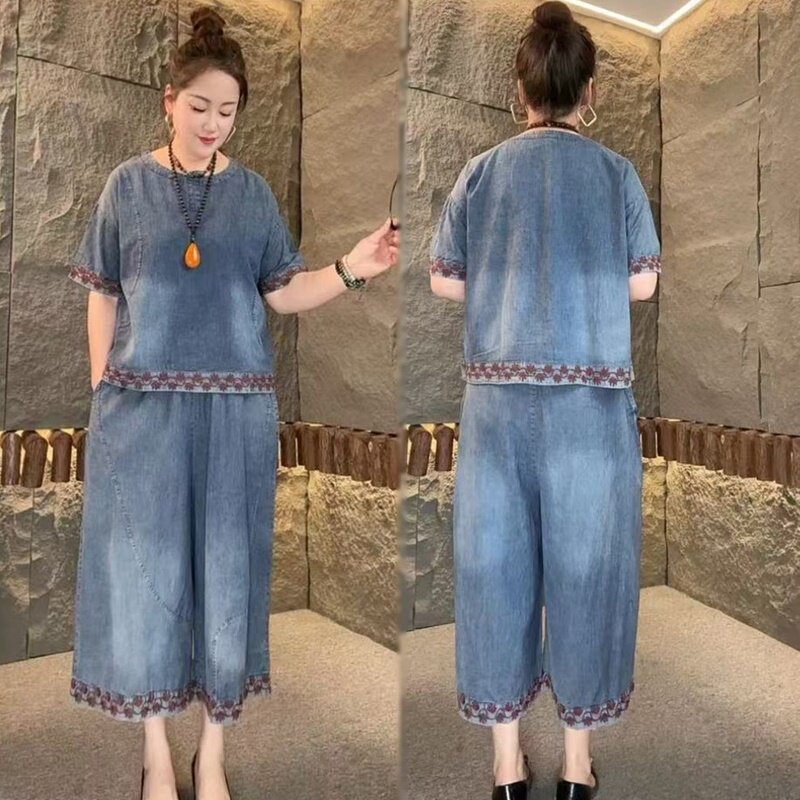 夏季减龄牛仔短袖套装女士圆领薄
