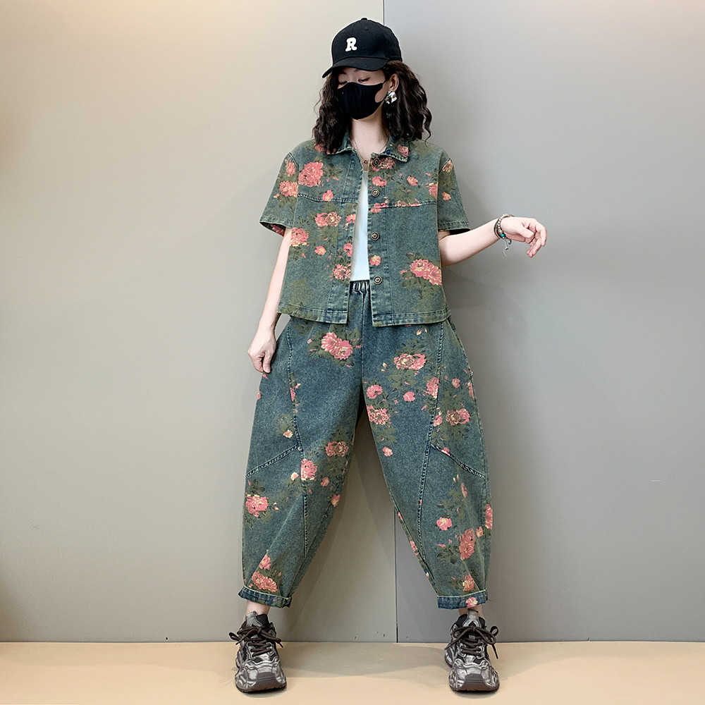 新款短袖衬衫哈伦裤两件套女装时尚牛仔套装宽松休闲减龄洋气夏装,女装/女士精品,时尚套装,淘宝优惠券,粉丝福利购,淘宝优惠卷