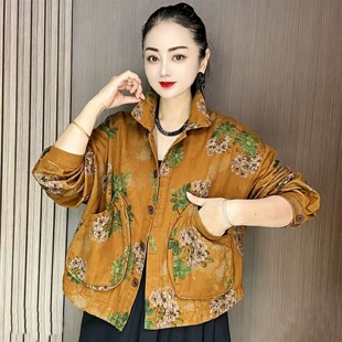 秋季新款大码女装棉麻花卉印花翻领外套宽松显瘦休闲通勤百搭上衣