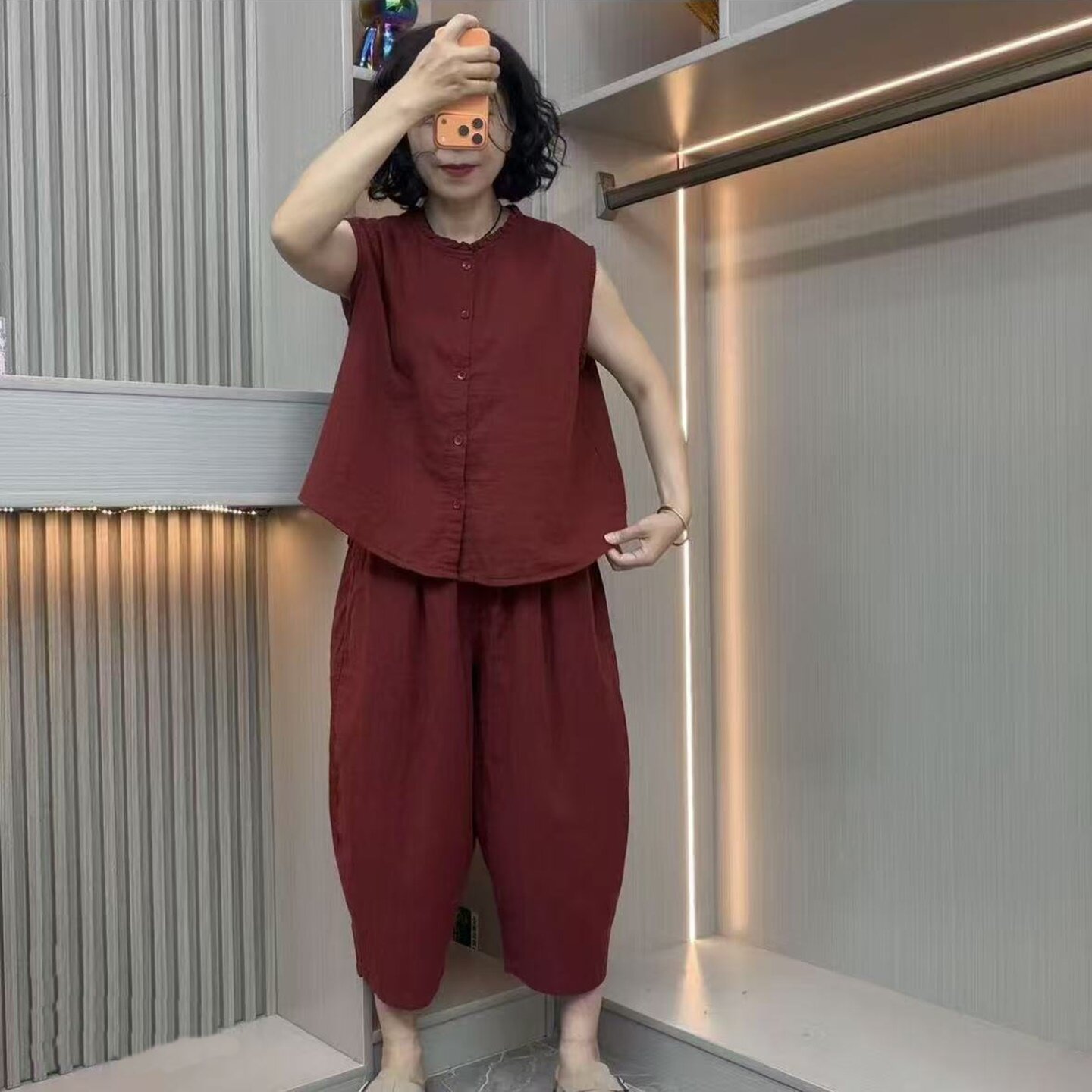 夏季双层棉纱无袖套装显瘦两件套