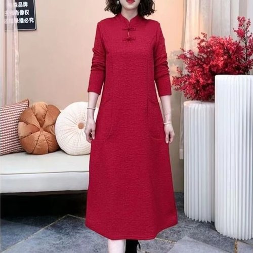 复古A字罗马棉提花口袋连衣裙女