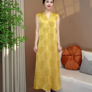 夏季新款复古宽松无袖提花连衣裙女中长款气质减龄显瘦V领长裙子