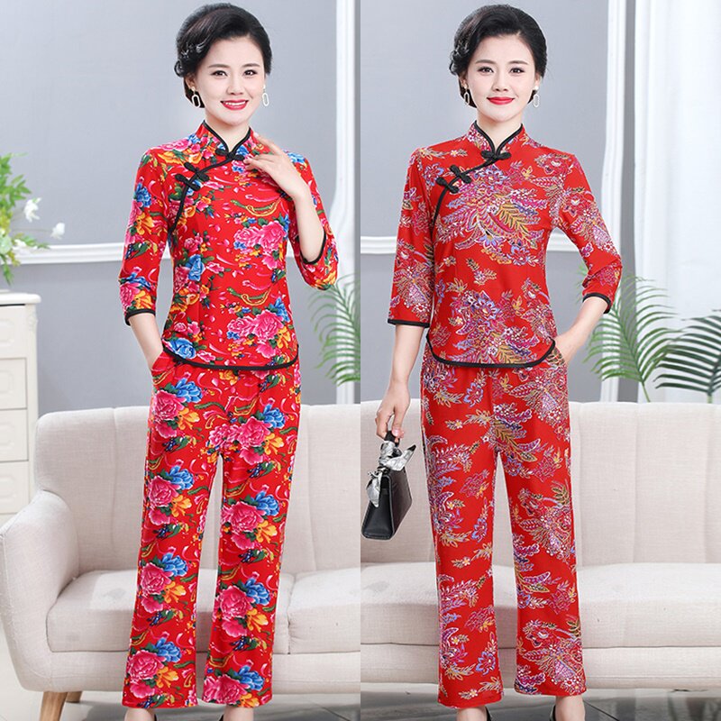 早秋新款新中式改良旗袍东北大花套装时尚妈妈中袖T恤裤子两件套