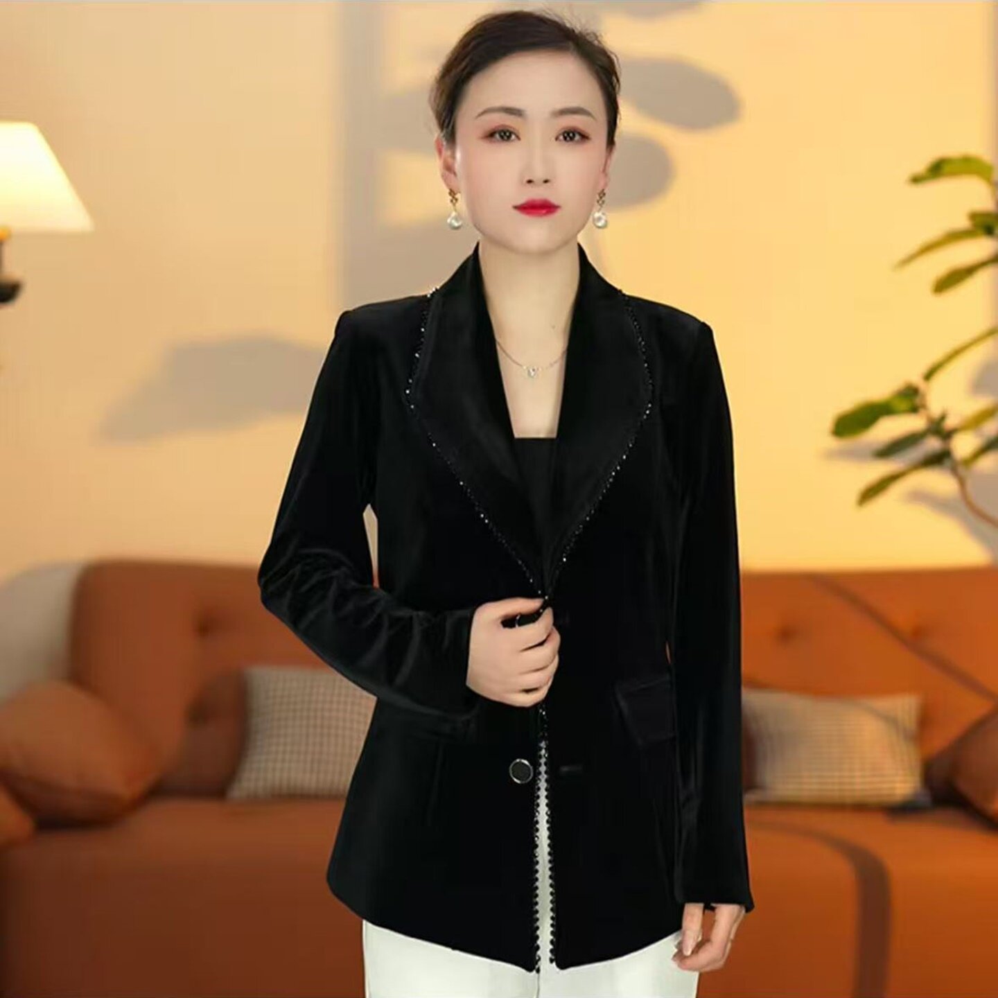 秋季丝绒修身通勤大码女西装外套