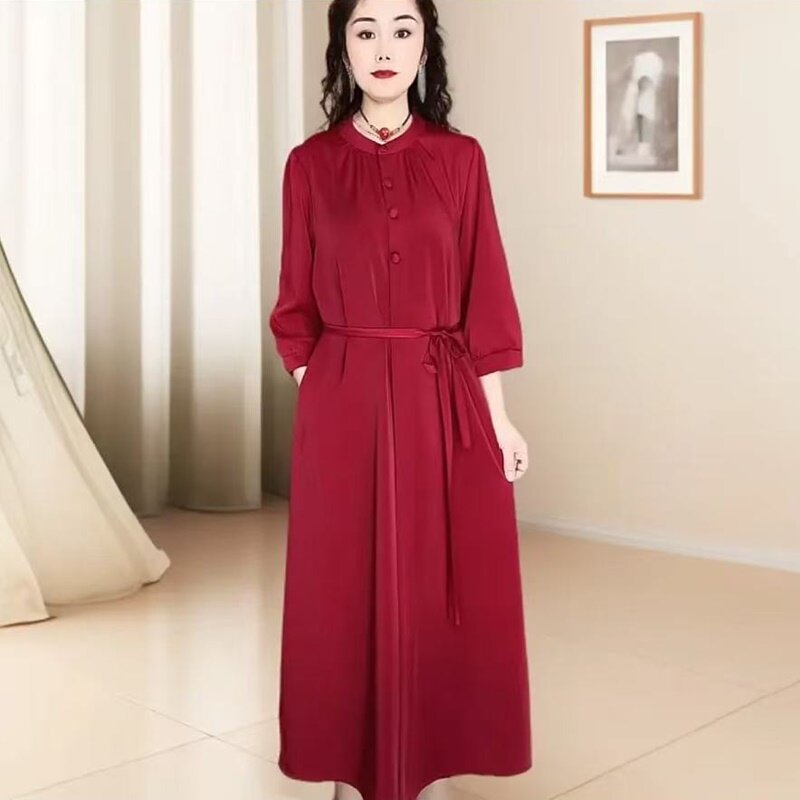 中老年女圆领遮肚显瘦大码连衣裙
