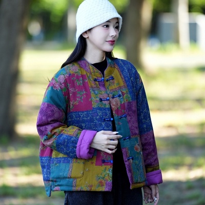 中式棉麻百家布复古盘扣加棉棉衣