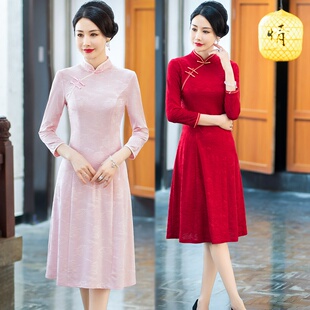 妈妈装婚宴旗袍2025年春季新款优雅婚礼红色复古连衣裙端庄气质女