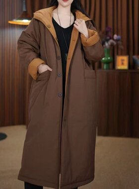 双面双穿中长款连帽加棉风衣棉袄