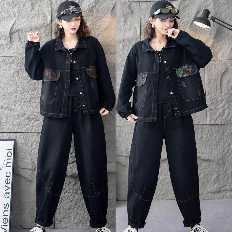 妈妈装春装牛仔套装时尚开衫大码宽松中老年女装洋气哈伦裤两件套