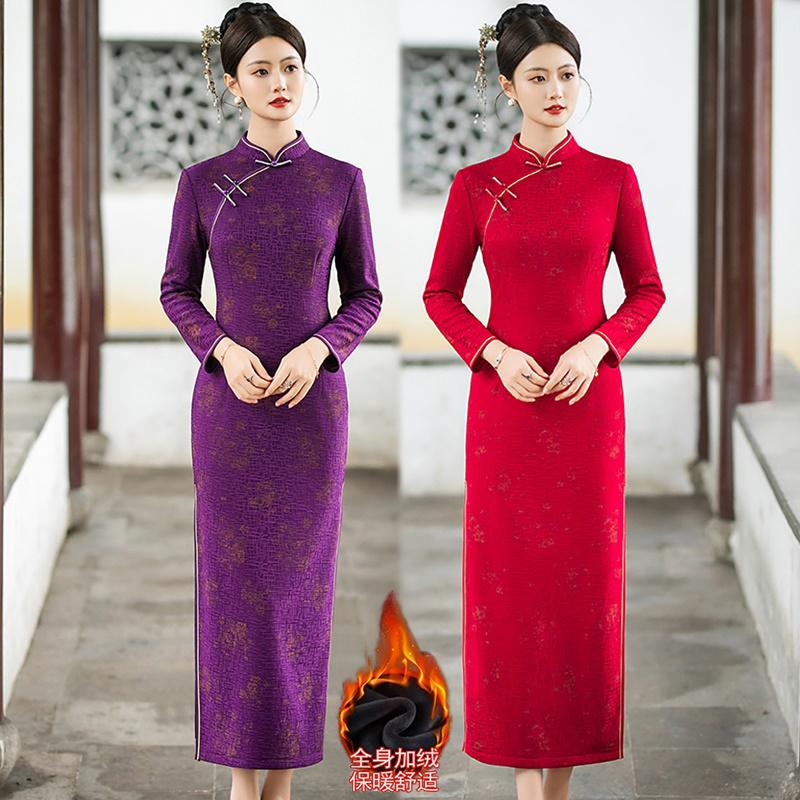 高端气质加绒加厚旗袍优雅连衣裙