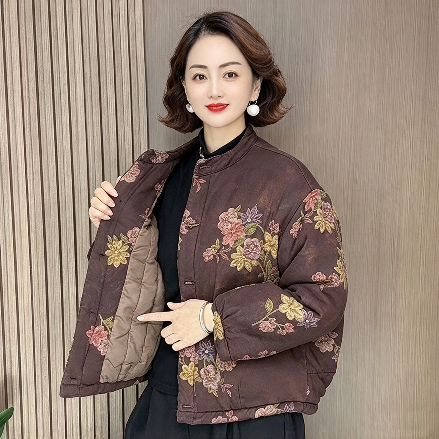 秋冬加厚保暖立领碎花棉服棉麻女