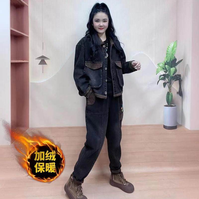 秋冬新款加棉休闲贴布牛仔外套两件套复古洋气显瘦老爹裤套装宽松