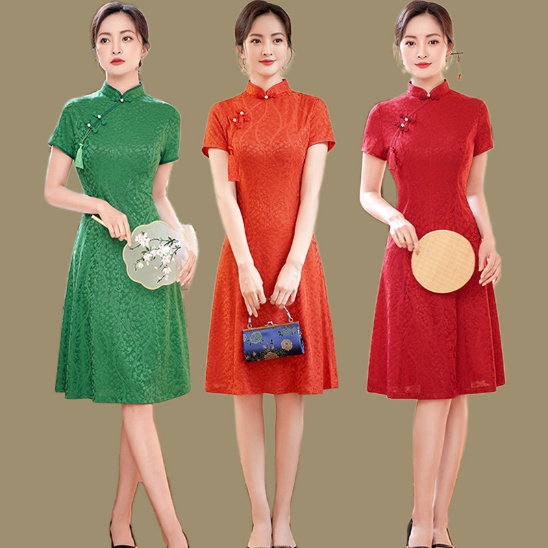 新中式改良版旗袍女夏季新款蕾丝复古中国风短袖薄款连衣裙送高考