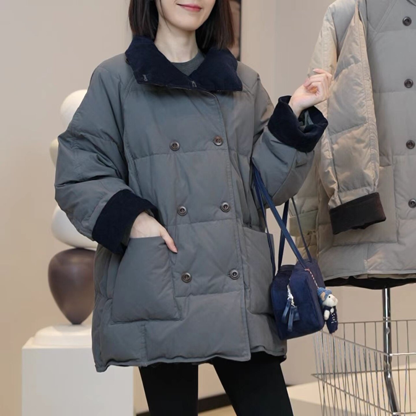 冬季女双排扣中长款加厚棉服宽松