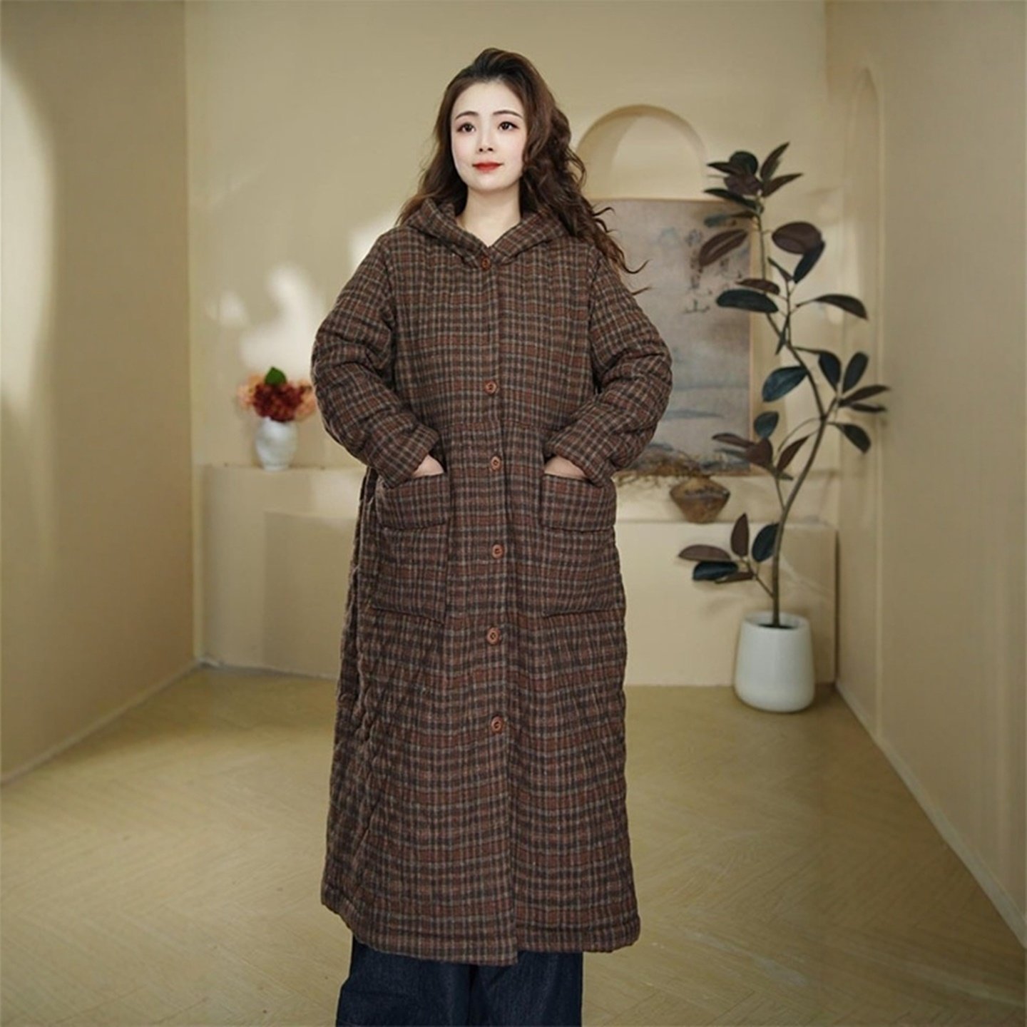 复古风格纹长款加棉加厚棉衣风衣