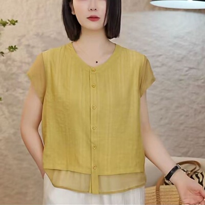 天丝麻短袖宽松显瘦妈妈衬衫上衣