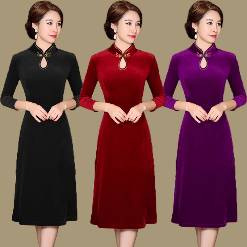 金丝绒旗袍女复古春秋礼服日常