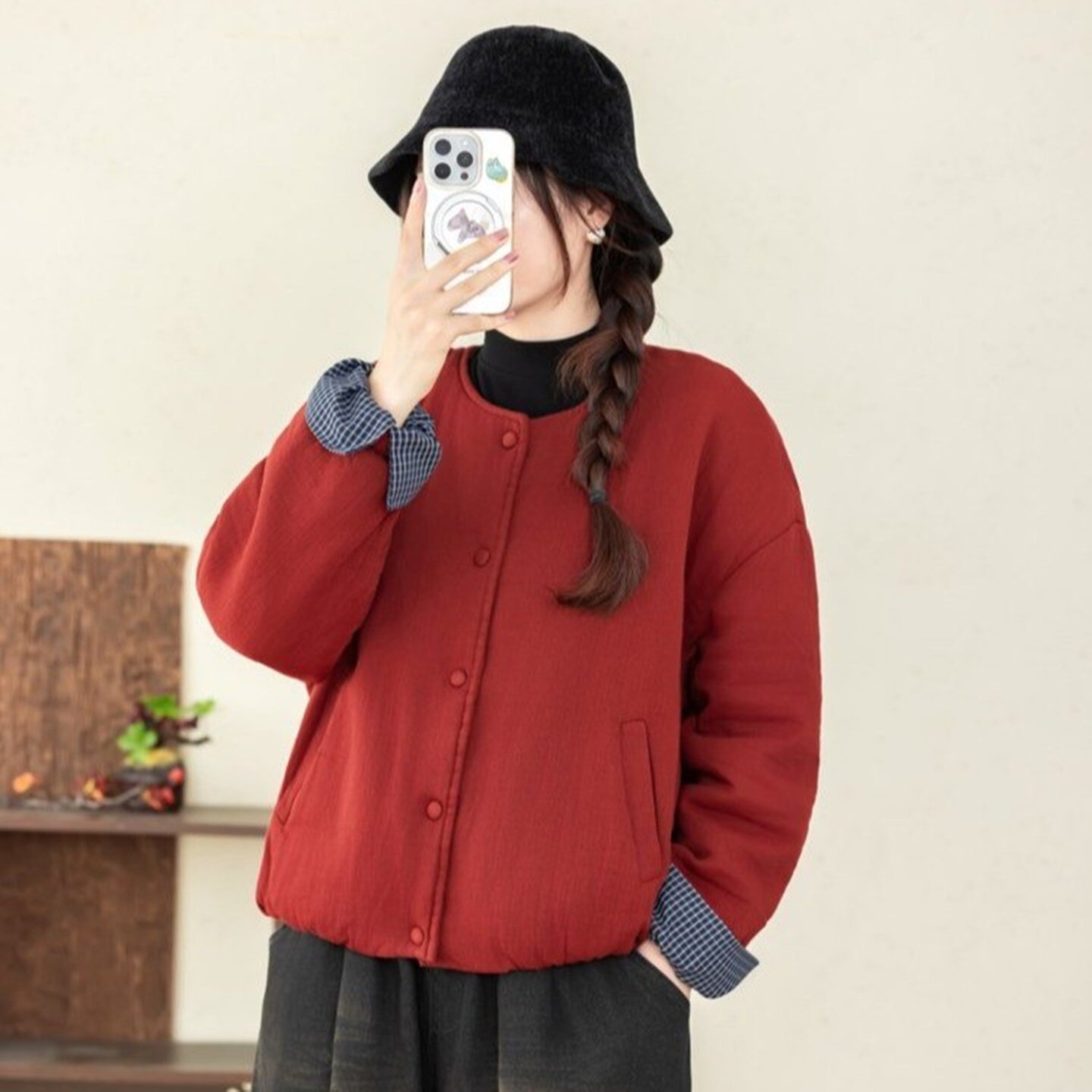 秋冬纯色圆领短款保暖棉服妈妈装