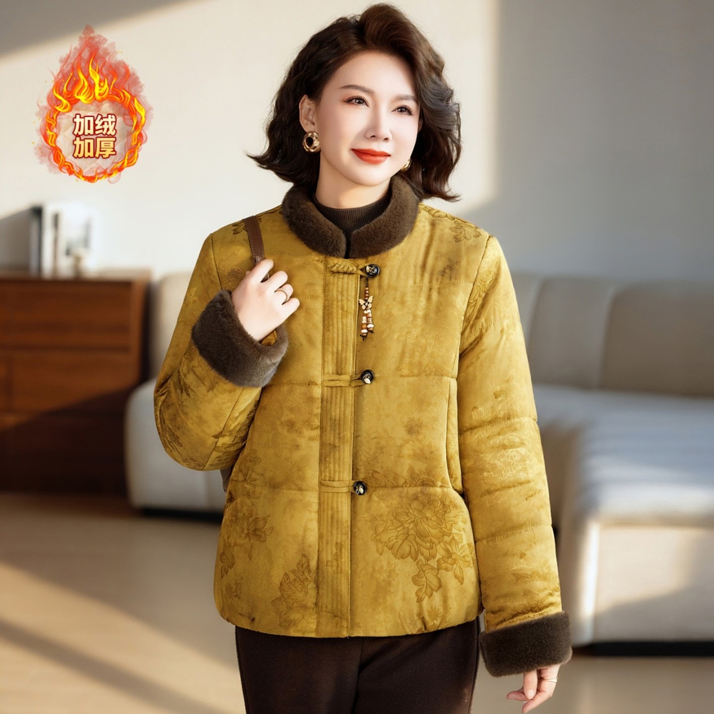 洋气新中式风立领加绒加厚棉衣女冬季新时尚洋气保暖显瘦棉袄外套