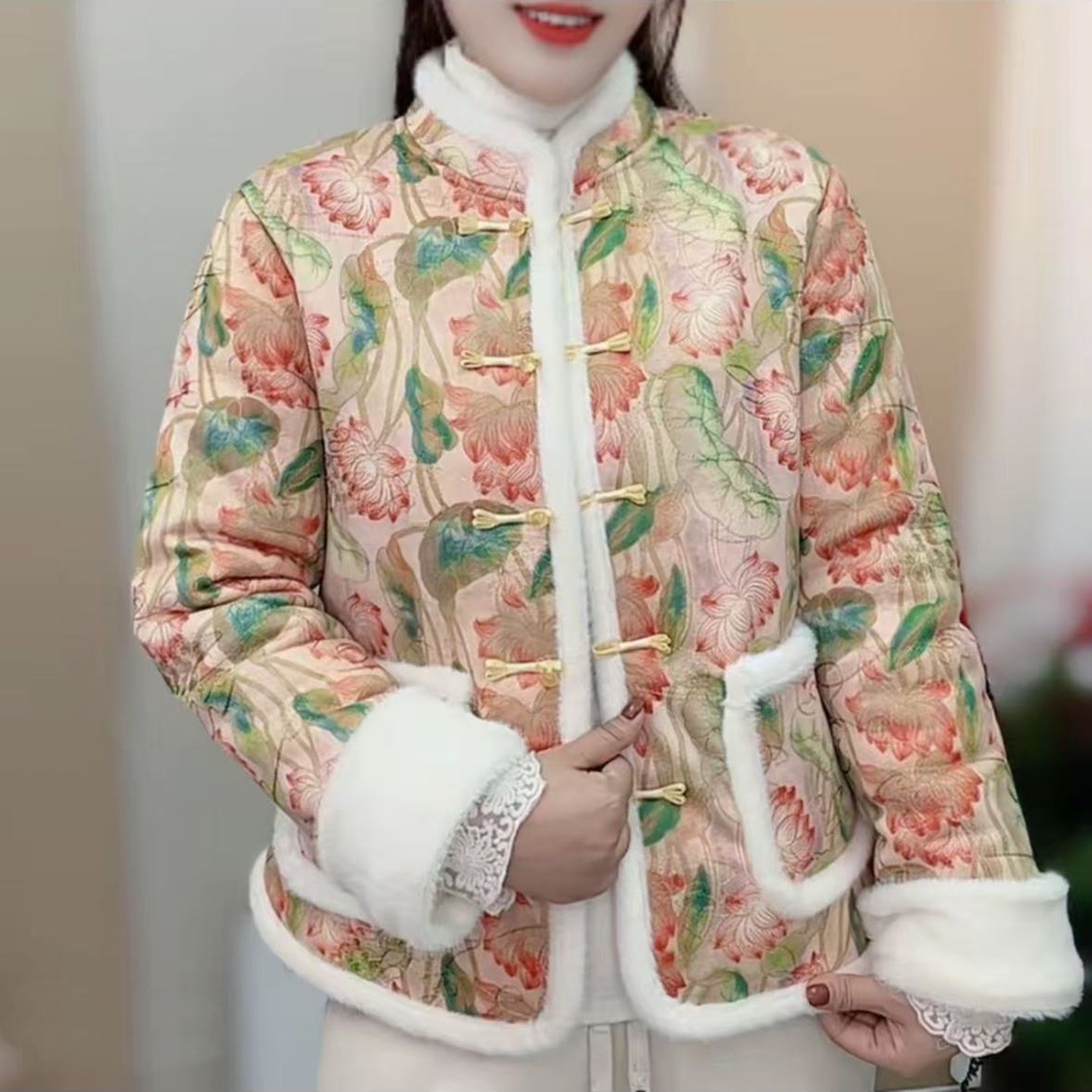 妈妈秋冬季国潮中式三层保暖棉服
