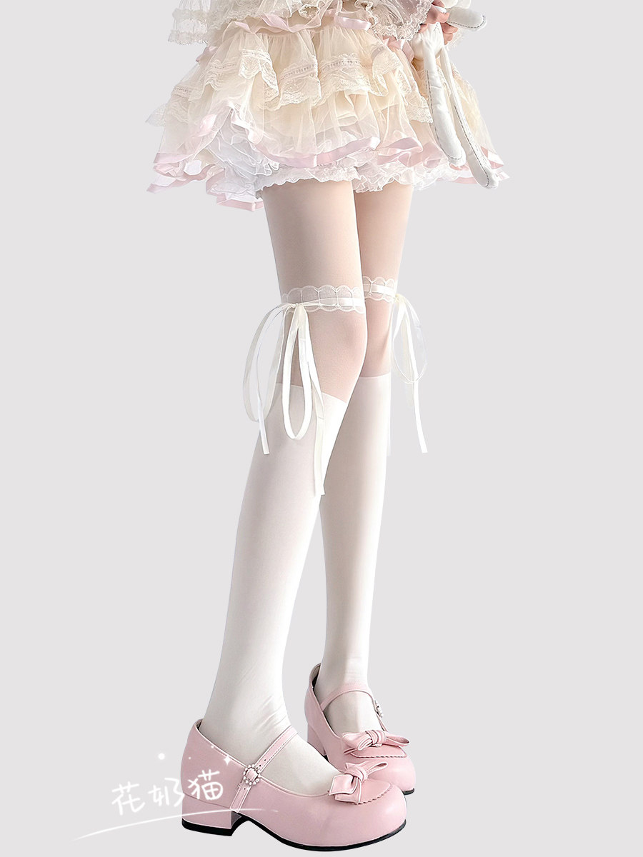 Lolita绑带连裤袜女薄款可爱芭蕾风蝴蝶结蕾丝白色拼接丝袜防勾丝