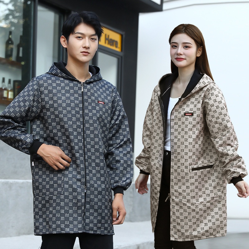 加绒罩衣围裙长袖秋冬保暖批发韩版时尚拉链口袋保暖工作服上班