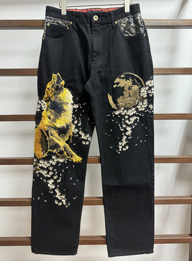 络缲魂KARAKURI和柄浮世绘狼刺绣男士牛仔长裤宽松直筒