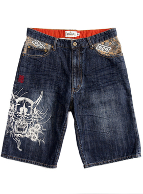 络缲魂KARAKURI 和柄浮世绘嘻哈机车般若刺绣男牛仔裤中裤短裤