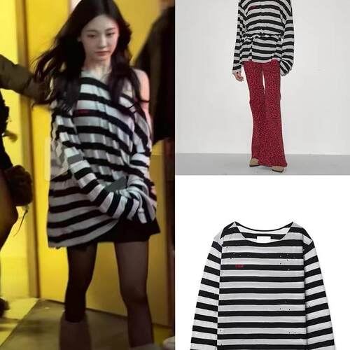 长袖美式复古薄款条纹露肩T恤