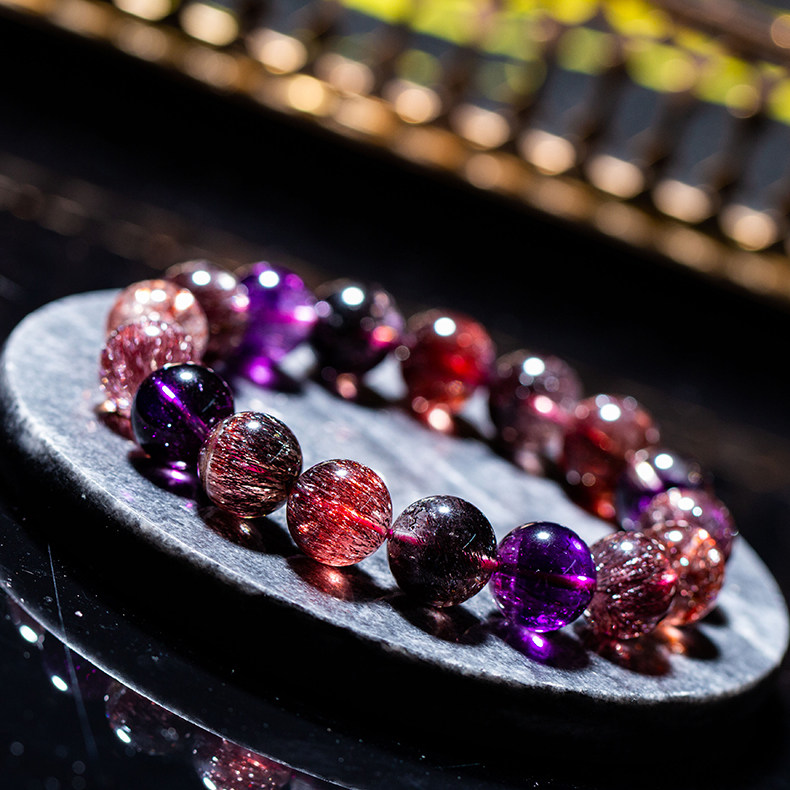 源石珠宝 天然超七水晶 金草莓 红超黑超紫超舒傎来手串直播挑选