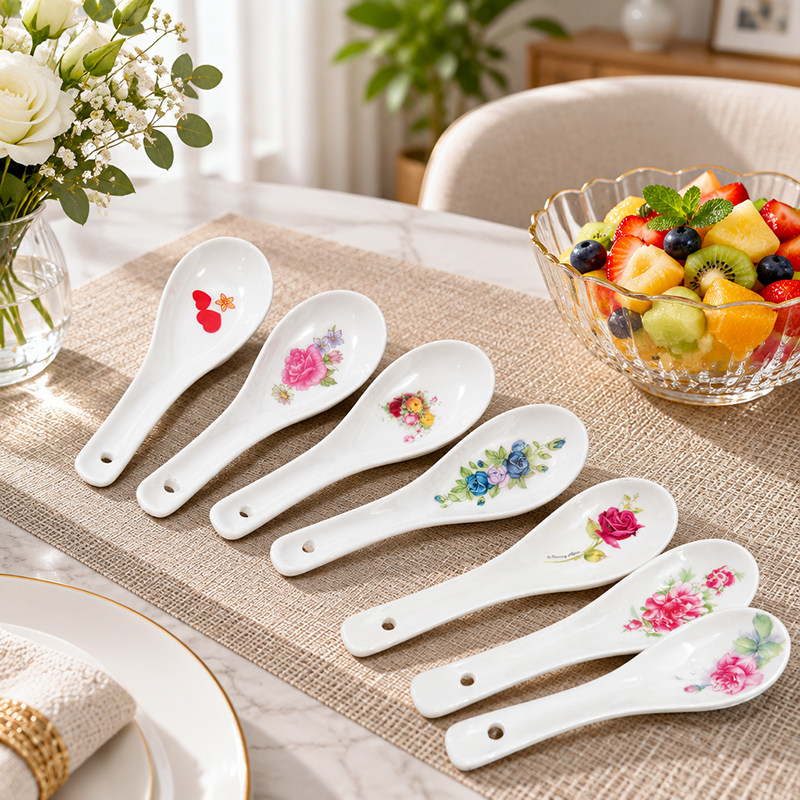 饭勺陶瓷调羹花朵图案勺子餐具