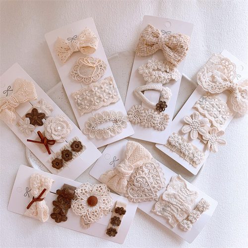 新款儿童奶咖布艺蕾丝发女童宝宝蝴蝶结发卡花朵刘海碎发BB夹边夹