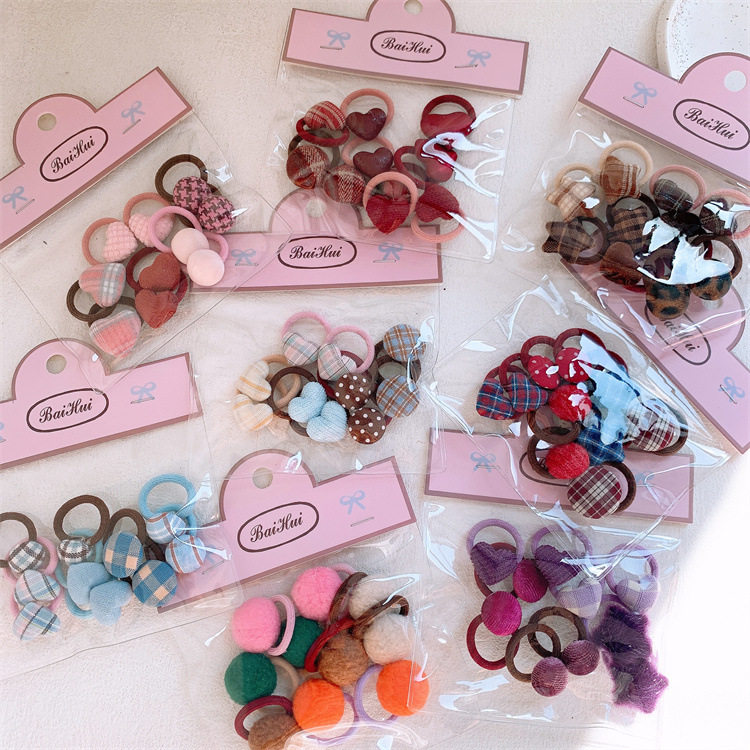 秋冬可爱儿童格纹纽扣爱心发圈小女孩基础不伤发头绳拇指皮筋发绳