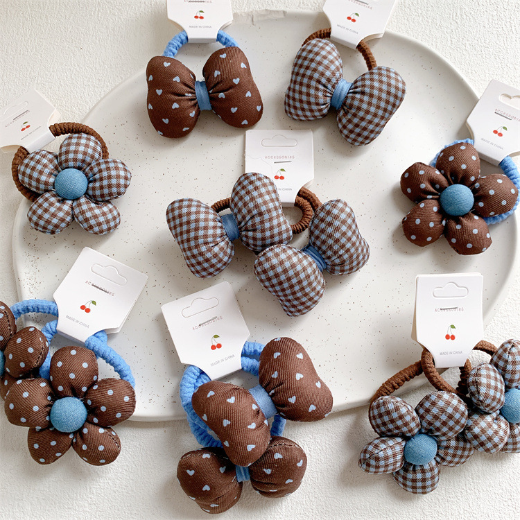新款儿童充棉格子蝴蝶结花朵发圈甜美女童扎头发皮筋发绳对装头绳